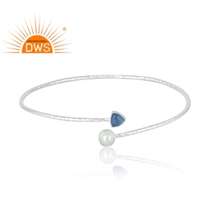 Brazalete de Plata de Ley 925 con perlas naturales y piedras preciosas de cianita, joyería personalizada para mujer, regalo para ella - Product Image 1
