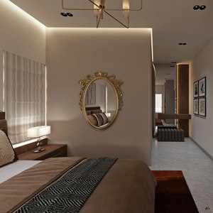 Meubles de chambre d'hôtel avec éclairage LED, tête de lit illuminée et panneau miroir, ensemble de chambre d'hôtel moderne, finition brillante - Product Image 1