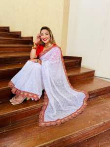 Boutique indienne Designer élégant fantaisie blanc Georgette Saree exclusif élégant Sari Blouse ethnique dernier chemisier à la mode - Product Image 6