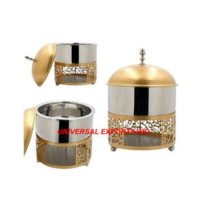 Hotpot de diseñador de madera con tapa dorada, vajilla de mesa de forma redonda, cazuela, lo último en ventas, calentador de alimentos de metal decorativo - Product Image 4