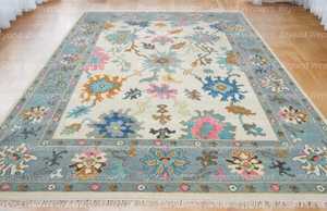 Mixed Color Oushak Rug <b>Pink</b> Blue Gray, Cream Blue Floral Rug, Contemporary Area Rug, Luxury Turkish Rug 8x10, - Product Image 2