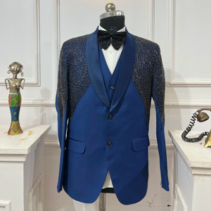 Bleu main broderie marié hommes trois pièces costumes Tuxedos garçons d'honneur mariage Tuxedos fête blazer pour hommes ensembles - Product Image 1