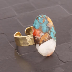 Design de mode forme ovale mohave turquoise plaqué or bague réglable finition martelée bande large minimaliste bague de fiançailles cadeau - Product Image 3