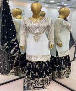 NOUVEL ARRIVÉ GEORGETTE BRODERIE SÉQUENCE TRAVAIL TOP SHARARA AVEC DUPATTA MARIAGE VÊTEMENT ETHNIQUE NOIR PRIX DE GROS - Product Image 2