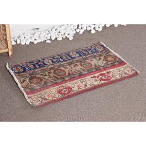 Alfombra de retazos de lana azul y marrón tradicional vintage de 2x3,2 pies con respaldo de látex - Product Image 2