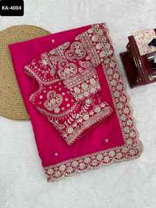 Saree en tissu de soie Tibby de mariage indien avec séquence avec fil de travail Saree de saison de mariage et de festival avec des pièces de chemisier - Product Image 5