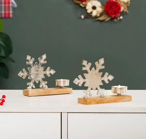 Custom Logo Snowflake Metal <b>Tea</b> <b>Light</b> Holder with Wood Base for Home Decor & Gifting for Christmas Season - Product Image 2