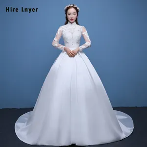 Custom Made Vestido Novia High Neck Long Sleeve Appliques Satin Ball Gown Wedding Dress Plus Size Alibaba Retail Store China
