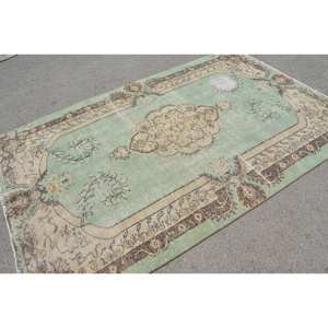 Alfombra turca Vintage de área grande de 5,3x8,3 pies, diseño clásico de retazos verde y Beige, látex de lana hecho a mano para decoración de habitación de pasillo - Product Image 4