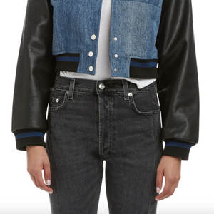 Street Wear Style <b>Denim</b> <b>Material</b> Made Women Crop Varsity Jacket / Leather Sleeve Crop Varsity Jacket For Women - Product Image 3