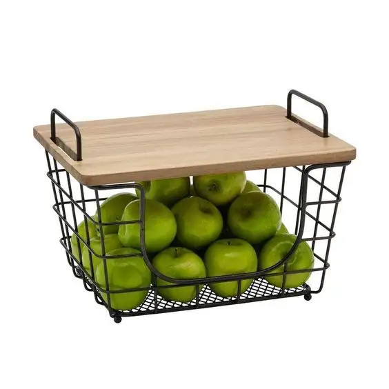 Insider Desk Basket With Wooden Too Board Industrial Baskets Kitchen Storage Fruits Veg Safe Basket