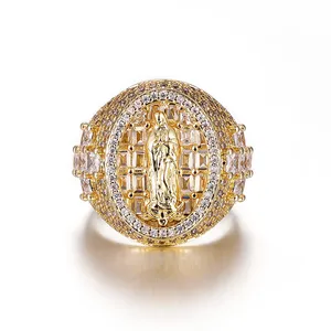 Bague Vierge Marie Hip Hop sertie de moissanite et de diamants de laboratoire plaquée or jaune 18 carats, bande baguette, bijoux religieux personnalisés en gros - Product Image 1