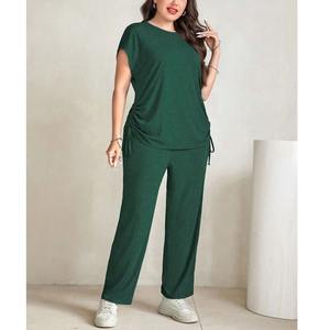 Haute qualité femmes automne solide bouton deux pièces ensemble demi manches T-shirt coupe ajustée 100% coton bas haut de BD - Product Image 5