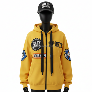 Sweat à capuche zippé pour femme en coton et polyester polaire, couleur jaune, avec patchs brodés et impression de logo personnalisé, sweat à capuche zippé basique - Product Image 6