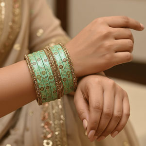 Juego de 12 brazaletes de laca Meenakari con diseño floral verde menta para bodas - Product Image 1