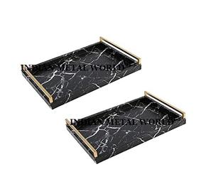 Plateau de service vintage en bois pur Plateau de service de restauration rapide avec poignées en fer massif Vaisselle à manger Plateau à dessert alimentaire - Product Image 2