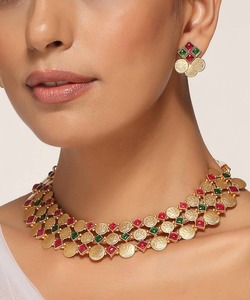 Ensemble de colliers de qualité supérieure en pièces de monnaie plaquées or traditionnelles avec pierres rouges et vertes Bijoux - Product Image 2