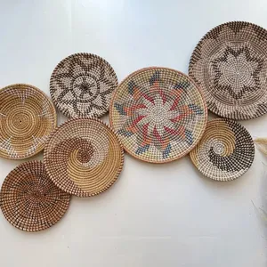 Sets 7pcs Straw Woven Plates Seagrass Wall Hangings Baskets Room Decoration Items Handmade Handicrafts Boho Products for Home