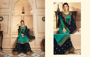 ผ้าซาตินจอร์เจียแบบดูสวยผ้าซาตินสีเขียวอมเขียวพร้อม Dupatta กับงานปักผู้ผลิตและผู้ส่งออกอินเดีย - Product Image 2
