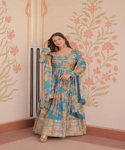 VESTIDO DE TRABAJO DE SECUENCIA BORDADA CON IMPRESIÓN DIGITAL DE SECUENCIA DE DISEÑADOR RUSO DUPATTA DESPIECE DE FIESTA PRECIO AL POR MAYOR ROPA ÉTNICA LAVABLE - Product Image 3