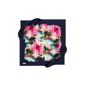Navy Blue Silk Crepe <b>Satin</b> Square <b>Scarf</b> with Abstract Pattern - Product Image 1