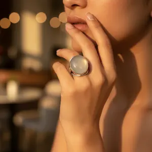 แหวนเงินผู้หญิงประดับพลอยสีเบจธรรมชาติทรงรี ตัวเรือนชุบทอง แหวนแต่งงานแบบโดดเด่น - Product Image 2