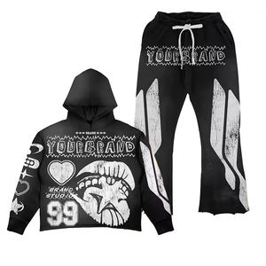 Ensemble de survêtement en molleton épais délavé au soleil avec appliqué brodé style streetwear, imprimé graphique personnalisé, sweat à capuche automne - Product Image 5