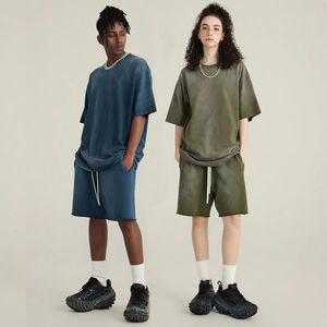 Conjunto de Camiseta y Pantalones Cortos Deportivos Holgados de Algodón Jersey Grueso, Estilo Desgastado por el Sol, Unisex, para Hombre y Mujer - Product Image 2