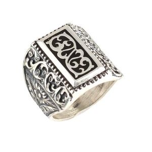 Anillo de hombre de plata de ley 925 grabado a mano con calado, esmalte negro, corte radiante geométrico, estilo hip-hop, rodio, para uso diario - Product Image 1