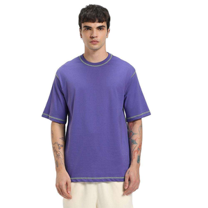 Camiseta Morada Extra Grande para Hombre, Diseño de Costuras en Contraste, Algodón, Estilo Urbano, Informal, Manga Corta, Top de Moda - Product Image 2