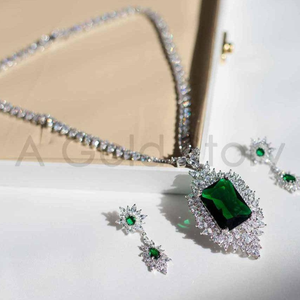 Conjunto de Collar y Pendientes de Novia Pakistaní con Cristal y Diamantes de Imitación, Chapado en Plata, Acero Inoxidable, Diseño Clásico - Product Image 2