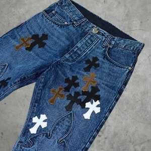 กางเกงยีนส์ผู้ชายทรงสลิมฟิต งานเพ้นท์มือ ดีไซน์ไฮสตรีท ผ้าฝ้ายทรงตรง ยีนส์เดนิมปานกลาง แต่งรอยขาด ขอบเอวยางยืด ไซส์พลัส - Product Image 4