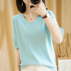 Camiseta de mujer novedad de verano 100% algodón tejido transpirable manga Casual sólido camisetas sueltas cuello en V pulóver Tops - Product Image 3