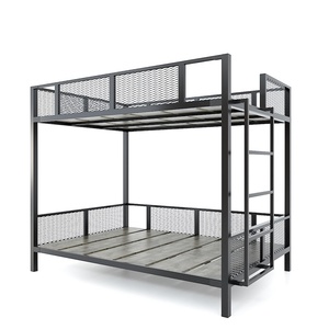 GT011 Industrial Design Solid Mango Wood Bunk <b>Bed</b> Extendable Iron Frame <b>Queen</b> <b>Size</b> 140x200cm Hand Carved Storage for Home - Product Image 3