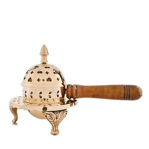 Brûleur d'encens finition cuivre avec manche en bois élégant décor à la main pour la méditation Yoga aromathérapie et l'utilisation du temple - Product Image 1