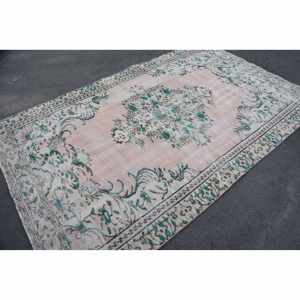 Alfombra turca Vintage 5,8 X 9.1ft Rosa Verde Patchwork Tejido plano Alfombra de lana para decoraciones de sala de estar - Product Image 4