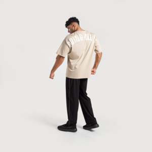 Men's Tone 100% Cotton <b>Short</b> <b>Sleeve</b> T-Shirt (Beige) 280g Jersey Knitted Breathable Vintage Street Oversized Letter Solid Logo - Product Image 4