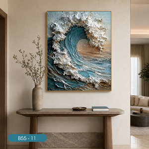 Peinture murale en soie artisanale de luxe, design vagues bruyantes, décoration intérieure blanche, Vietnam OEM ODM - Product Image 4