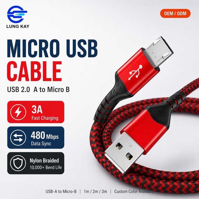 LUNG KAY OEM Micro USB Cable 3A Fast Charging USB 2.0 a to Micro B Nylon Braided Data Cable 1m 2m 3m for Android Phone