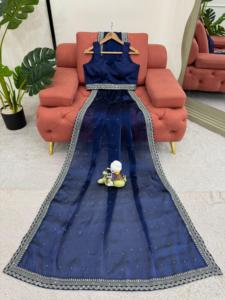 Lujo pesado Organza seda Sari hilo secuencia y LCD diamante trabajo Mon Banglori Blusa de encaje de seda. Trabajo de secuencia de hilo - Product Image 6