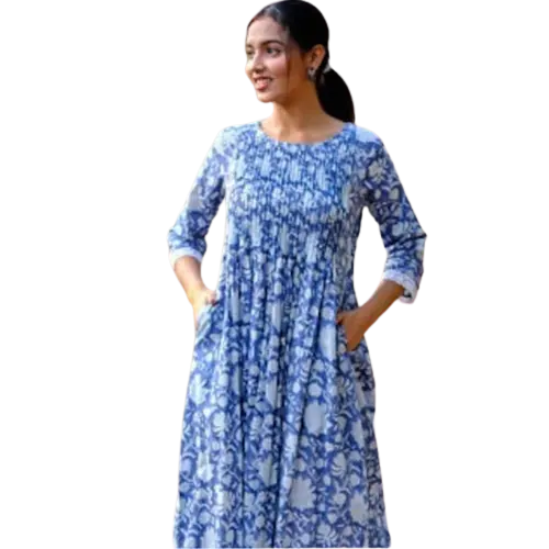 Trending Long Kurti con bolsillos Vestido indio de damas de honor Regalo para ella Regalo para mamá Top plisado con encaje Vestido de verano India