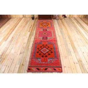 Herki Rug, 3.3x12.1 ft Vintage Rug, <b>Red</b> Bordered Rug <b>Wool</b> - Product Image 1