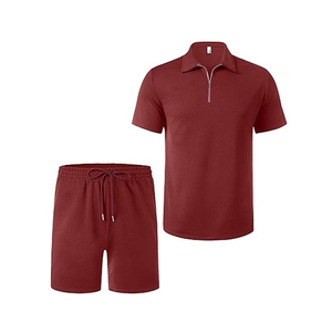Conjunto de polo informal de 2 piezas con cremallera de un cuarto para hombre, color rojo vino, pantalones cortos, traje de polo con media cremallera y características de alta visibilidad - Product Image 3