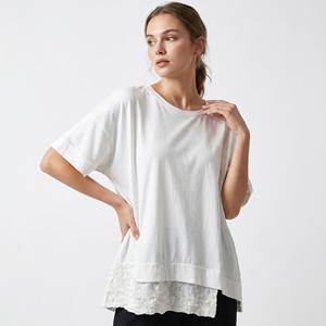 Grand t-shirt asymétrique à manches courtes en dentelle, 100 % coton, taille unique (tailles 38-46) - Product Image 1