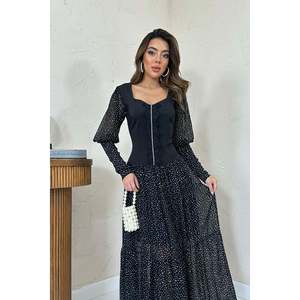 Vestido de Chifón con Corte en A y Adornos de Encaje Negro, Cintura Imperio, Venta al Por Mayor - Product Image 6