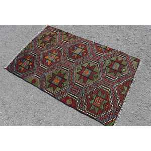 Tapis turc vintage, tapis Kilim 2,7x4,6 pieds, tapis en laine rouge et vert uni - Product Image 4
