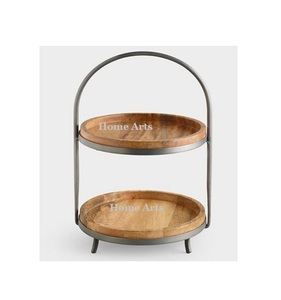 Serveur de desserts à 2 niveaux en bois et en fer avec des collations de forme ronde de la meilleure qualité au prix le plus bas - Product Image 1