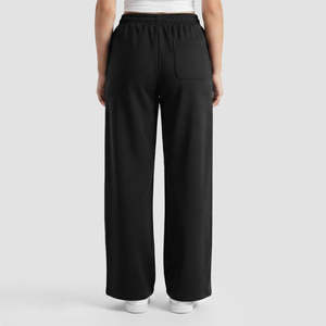 Pantalon de sport noir en tissu éponge respirant, taille haute, coupe large, avec broderie décorative - Product Image 3
