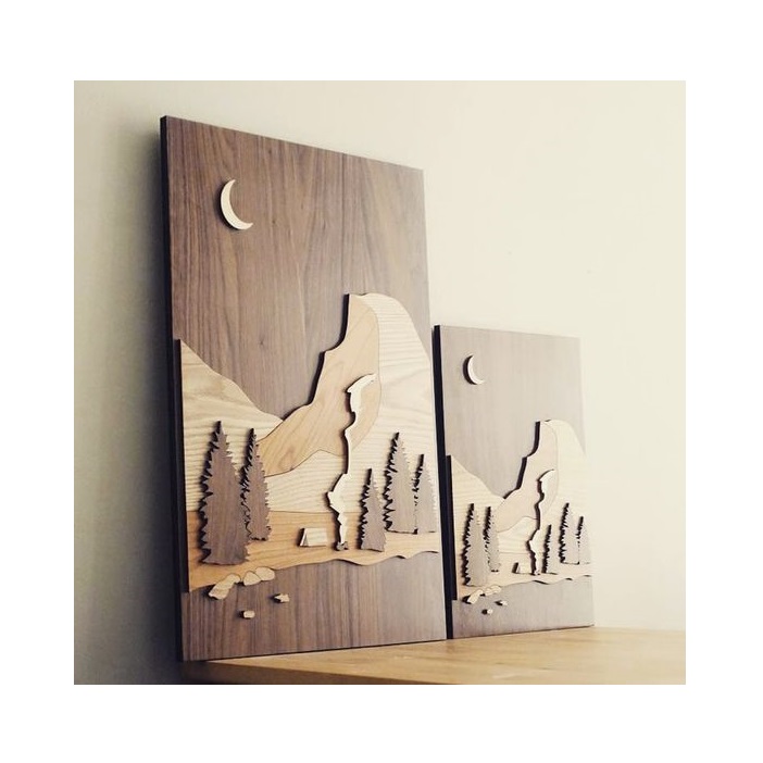 Nuovo arrivo MDF parete arti Decorative per la decorazione della casa di qualità colorata in legno arte della parete con le montagne albero di luna