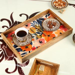 Plateau rectangulaire en bois à motif de feuilles tropicales, plateau de service disponible pour les restaurants et les cafés, revêtement émaillé avec des motifs floraux - Product Image 1